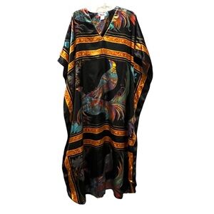 Vintage Winlar Floral‎ Peacock Colorful Silky Kaftan Dress OS Artsy Retro Muumuu